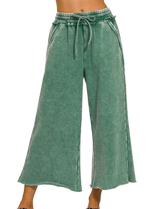 NTW Ladies Dark Green Acid Wash Fleece Palazzo Drawstring Waist Sweatpants - Picture 1 of 2